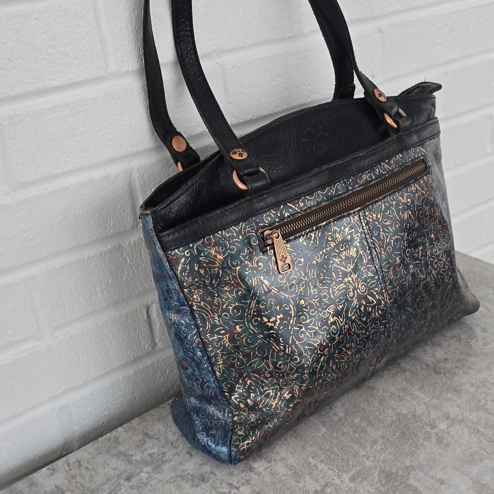 Patricia Nash Black Gold Embossed Floral Tote Bag Metal Hardware Medium - Picture 6 of 16